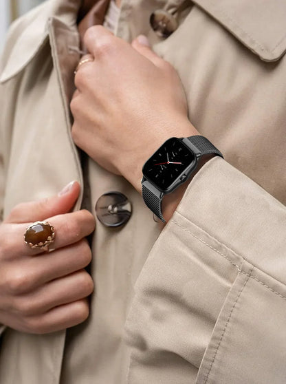 Metal magnetic watch strap for Amazfit GTS and GTR in 20mm and 22mm, stainless steel bracelet with adjustable links.