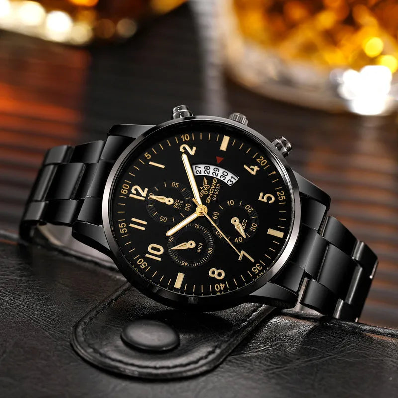 Men's luxury business watch with steel strap and calendar display, stylish gift watch by R.E.D. Shopping.