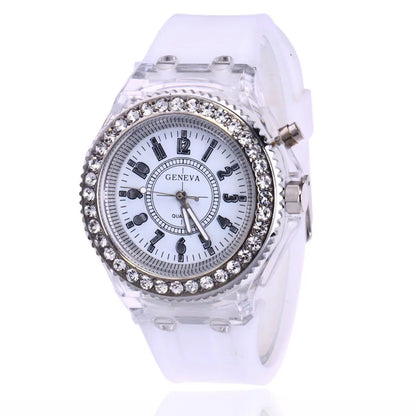 LED Flash Luminous Watch by R.E.D. Shopping featuring rhinestones and silicone strap, suitable for kids and adults.