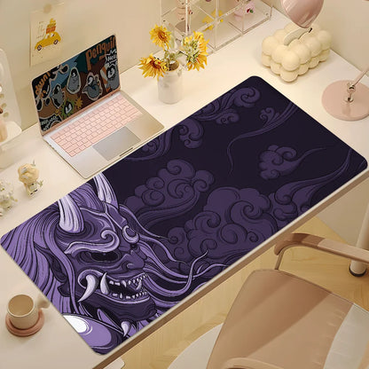 Large Japan Samurai Fantasy Mask mouse pad by R.E.D. Shopping featuring a vibrant samurai mask design, non-slip rubber backing for gaming.