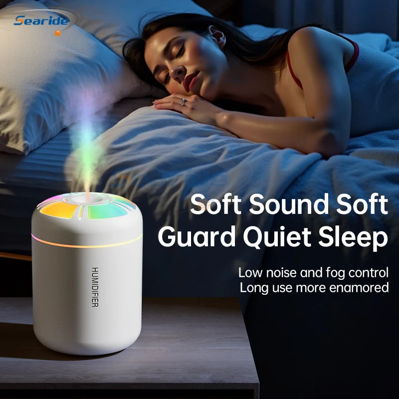 Searide Mini USB Humidifier – 180ml Ultrasonic Aroma Diffuser, Color LED, Touch Control, for Car, Home & Bedroom