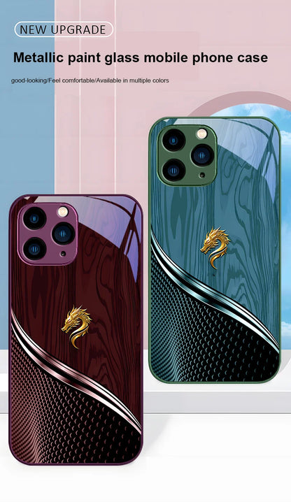 Wood grain dragon rose design on R.E.D. Shopping tempered glass iPhone case for added protection and artistic style.