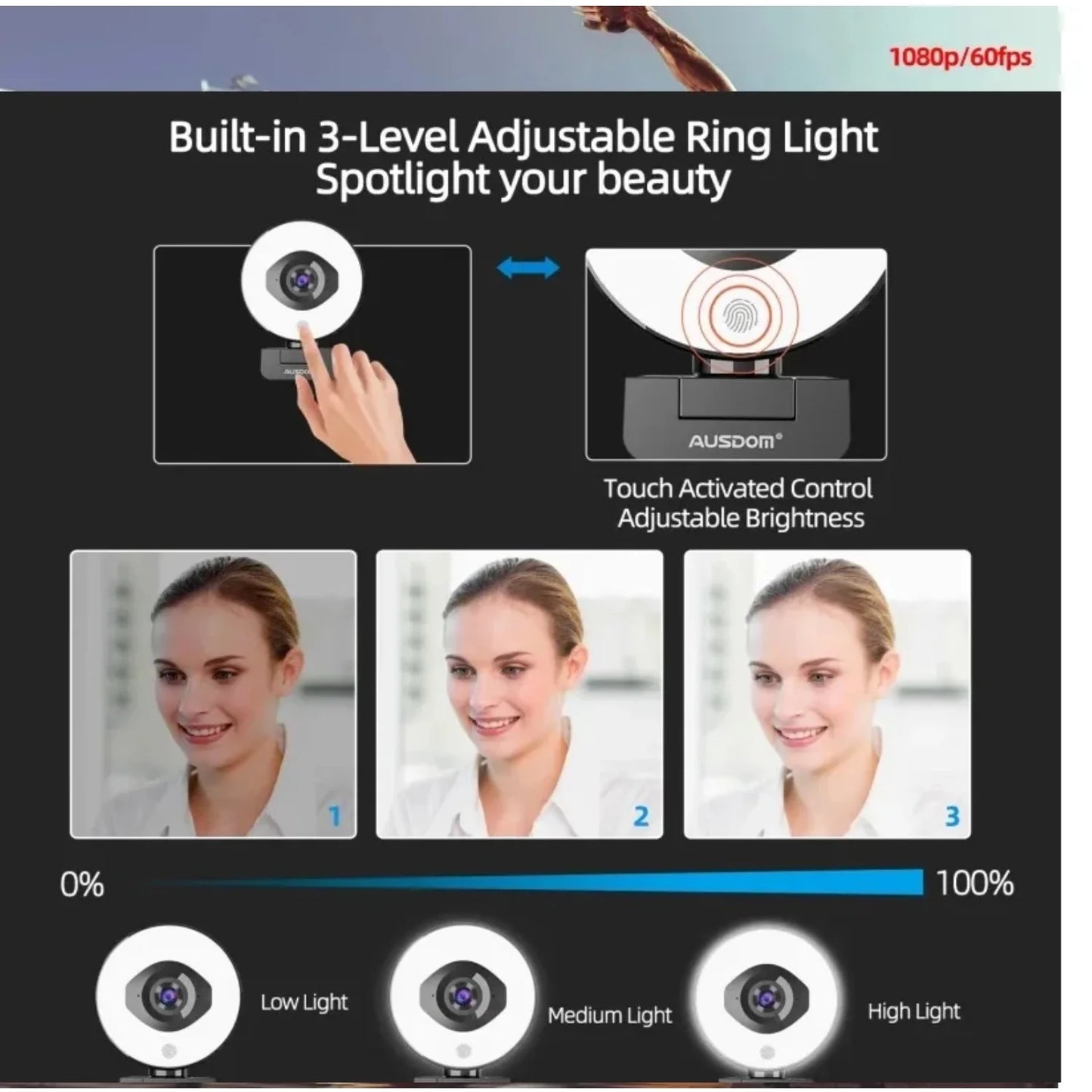 AUSDOM AF668 FHD 1080P 60FPS Webcam – Autofocus, Ring Light, Free Tripod