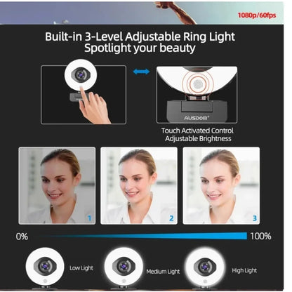 AUSDOM AF668 FHD 1080P 60FPS Webcam – Autofocus, Ring Light, Free Tripod