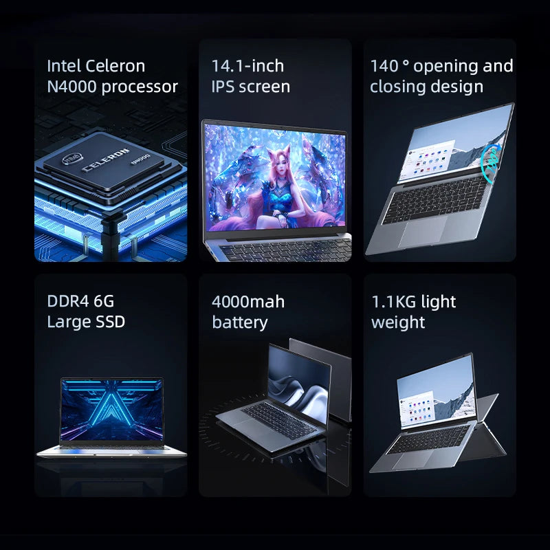 BYONE 14.1" Laptop — Intel N4000, 6GB RAM, Up to 512GB SSD, HD LCD, WiFi, Windows 11