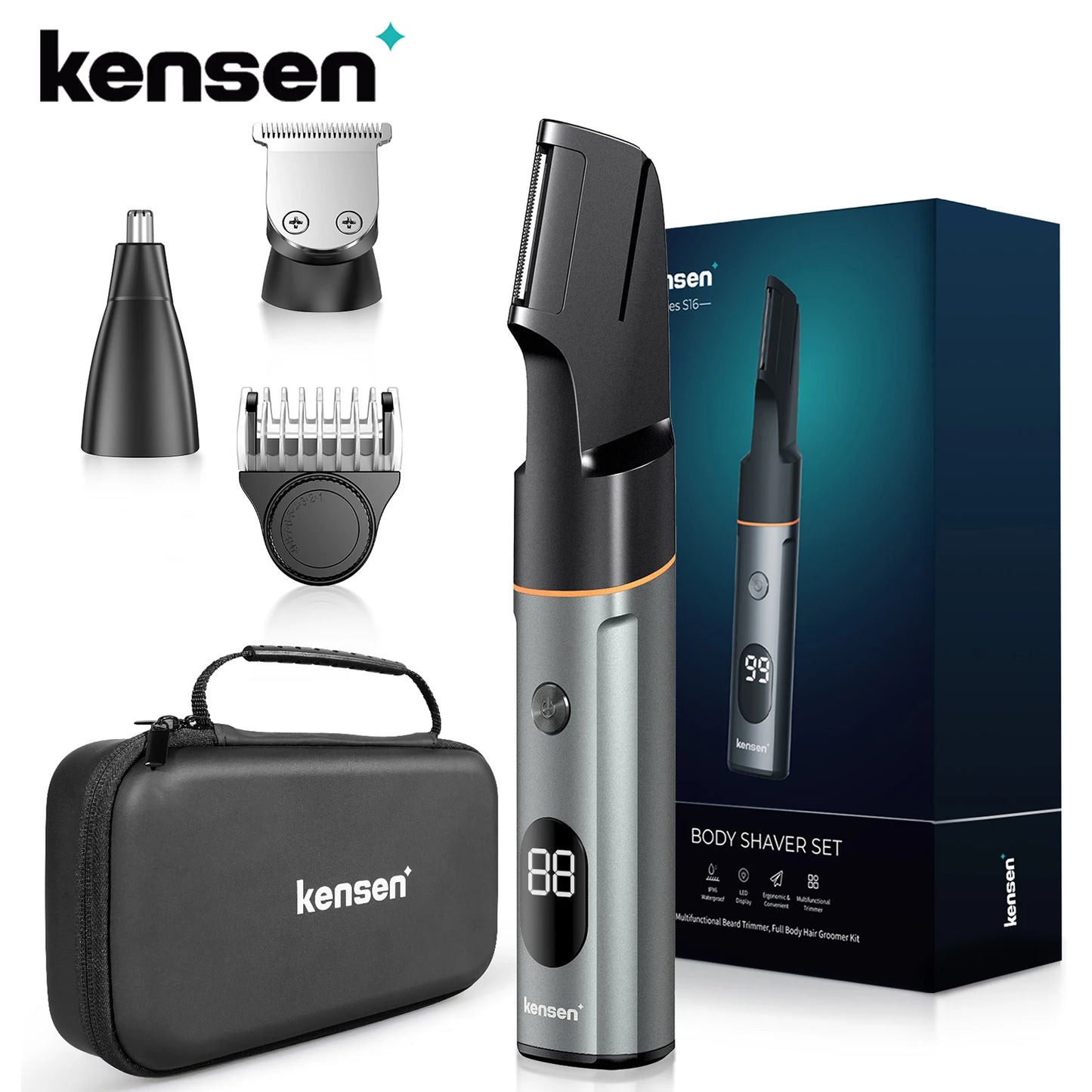 Kensen 3-in-1 Body Hair Trimmer Kit – Pubic Hair Shaver, Nose & Beard Trimmer, IPX6 Waterproof Electric Shaver
