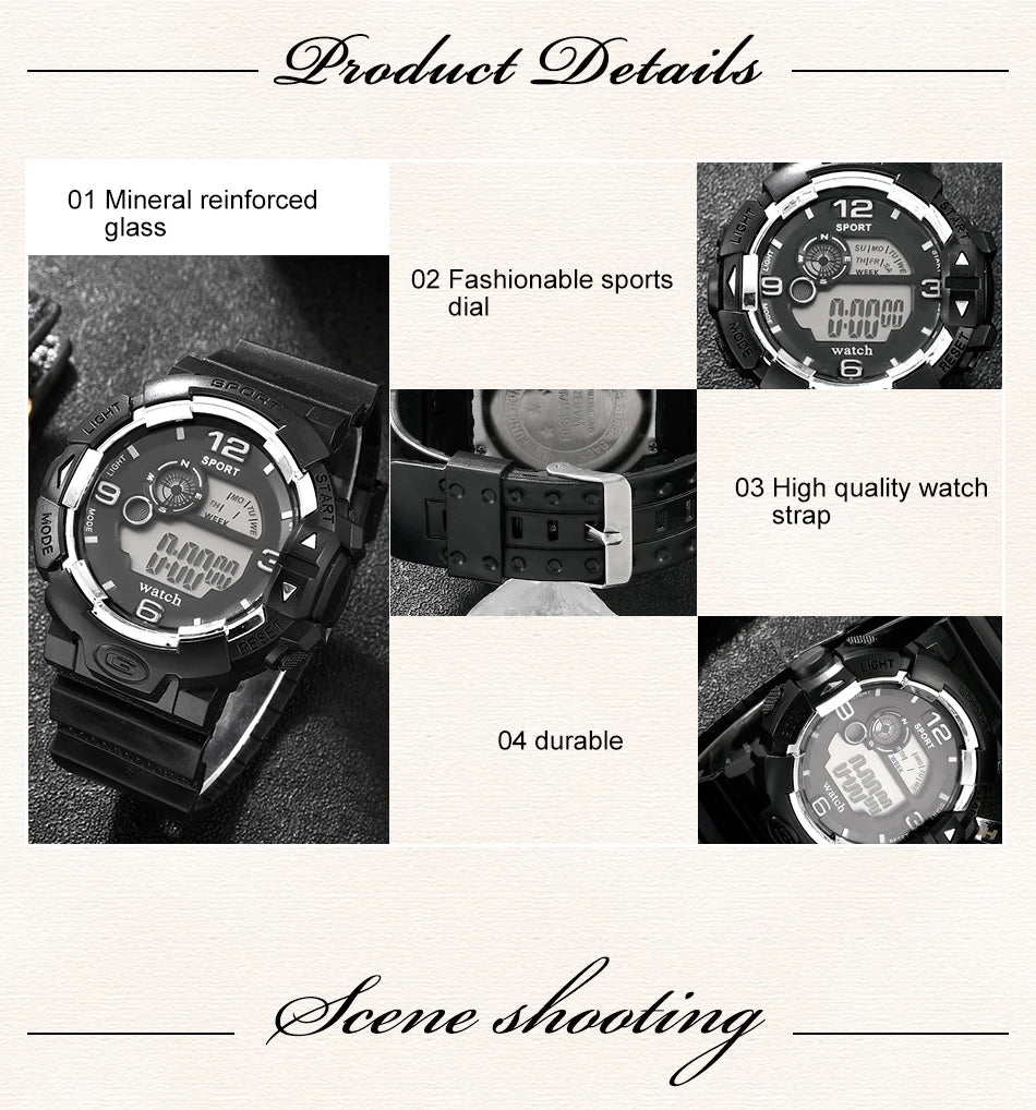 Men's Luminous Military LED Digital Watch - Waterproof, Silicone Strap, Calendar Display