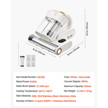 SucceBuy Mattress Vacuum Cleaner – 18Kpa, Dual Dust Bin, HEPA Filter, Heating & Ultrasound, Handheld for Bed & Sofa