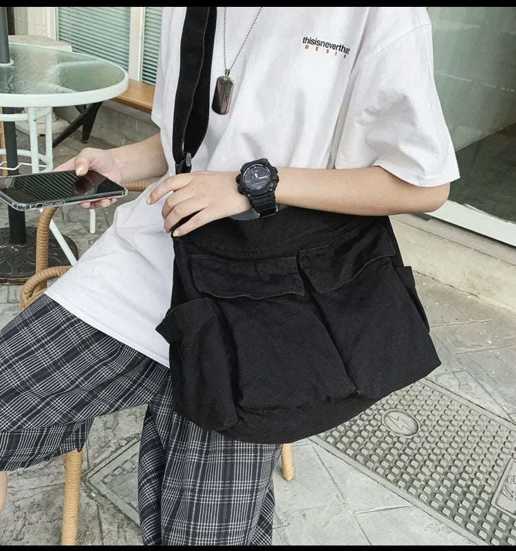 Large Canvas Messenger Bag - Multi-Pocket Hip Hop Style Shoulder Bag