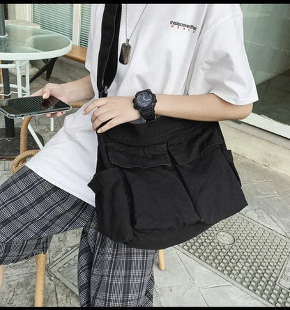 Large Canvas Messenger Bag - Multi-Pocket Hip Hop Style Shoulder Bag