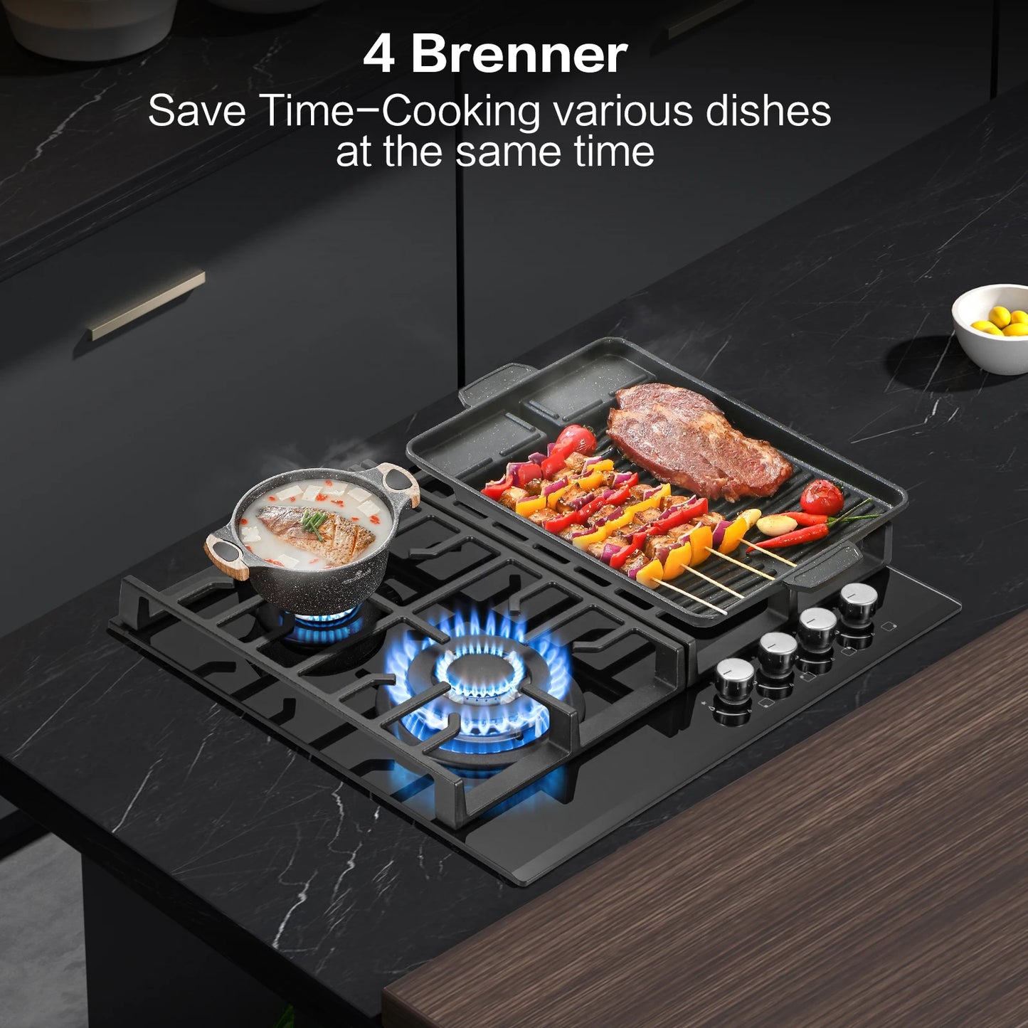 Black glass 60cm built-in gas hob with four burners, cast iron grates, flame failure safety, suitable for NG or LPG setups.