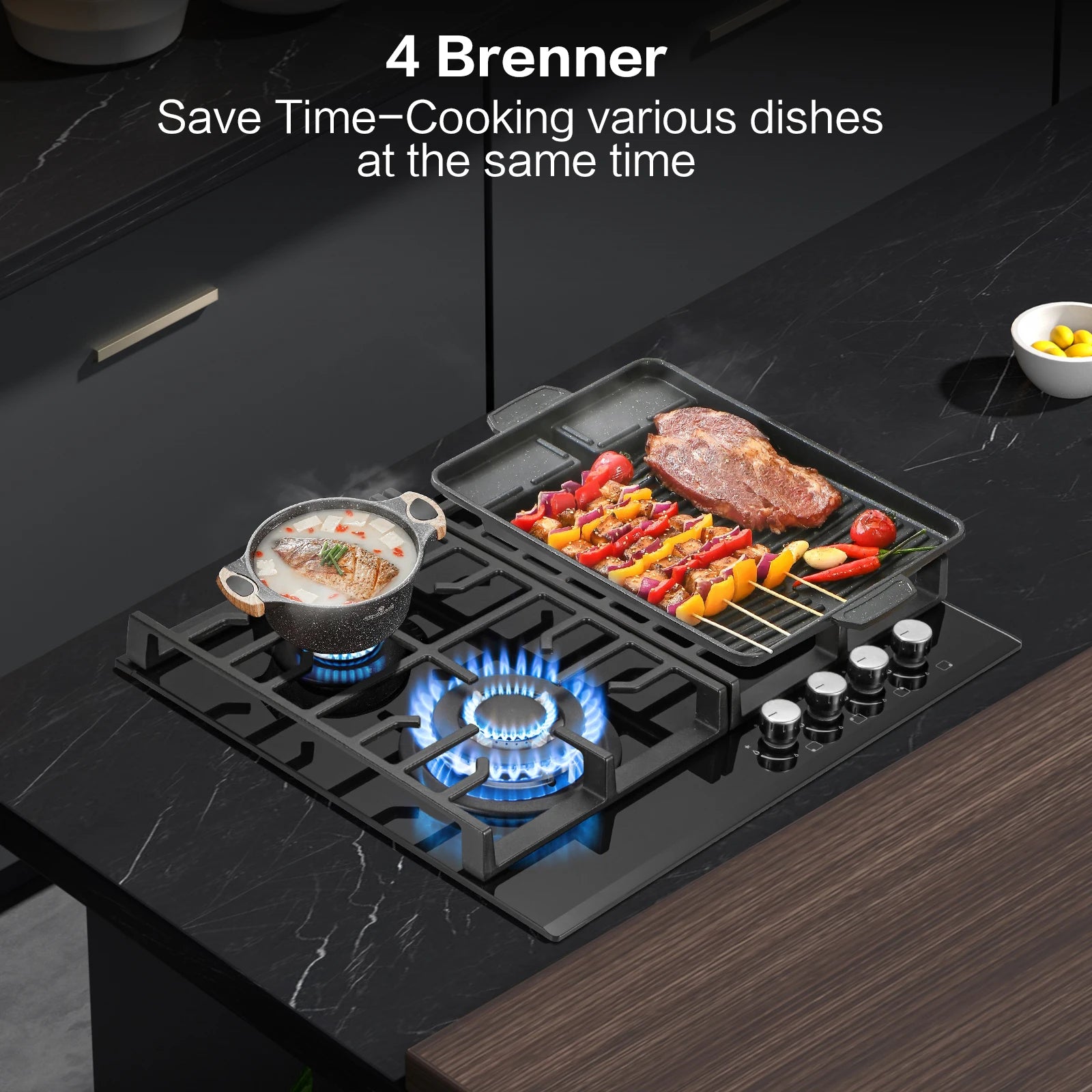 Black glass 60cm built-in gas hob with four burners, cast iron grates, flame failure safety, suitable for NG or LPG setups.