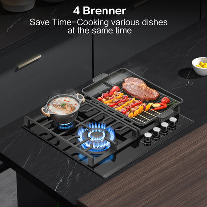 Black glass 60cm built-in gas hob with four burners, cast iron grates, flame failure safety, suitable for NG or LPG setups.