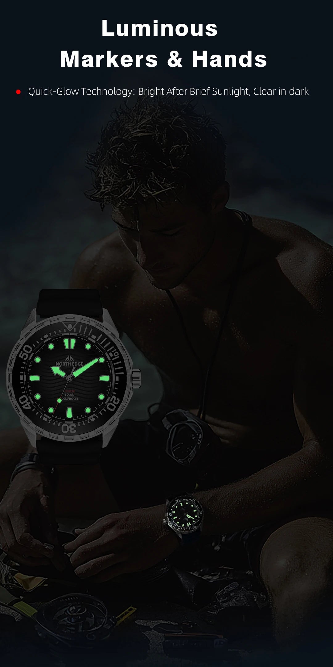 NORTH EDGE TRITON Solar Dive Watch – Men's Luxury Quartz, 316L Steel, 300M Waterproof, 2025