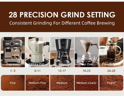 KIRAINAFLY Electric Burr Coffee Grinder – 28 Grind Settings for Espresso & Drip