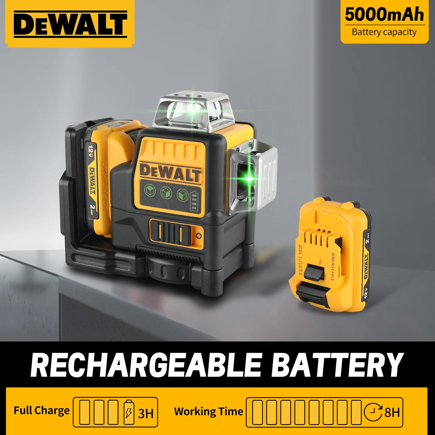 DW089LG 12V Green Laser Level – 3-Sided 360° Vertical & Horizontal 12 Lines