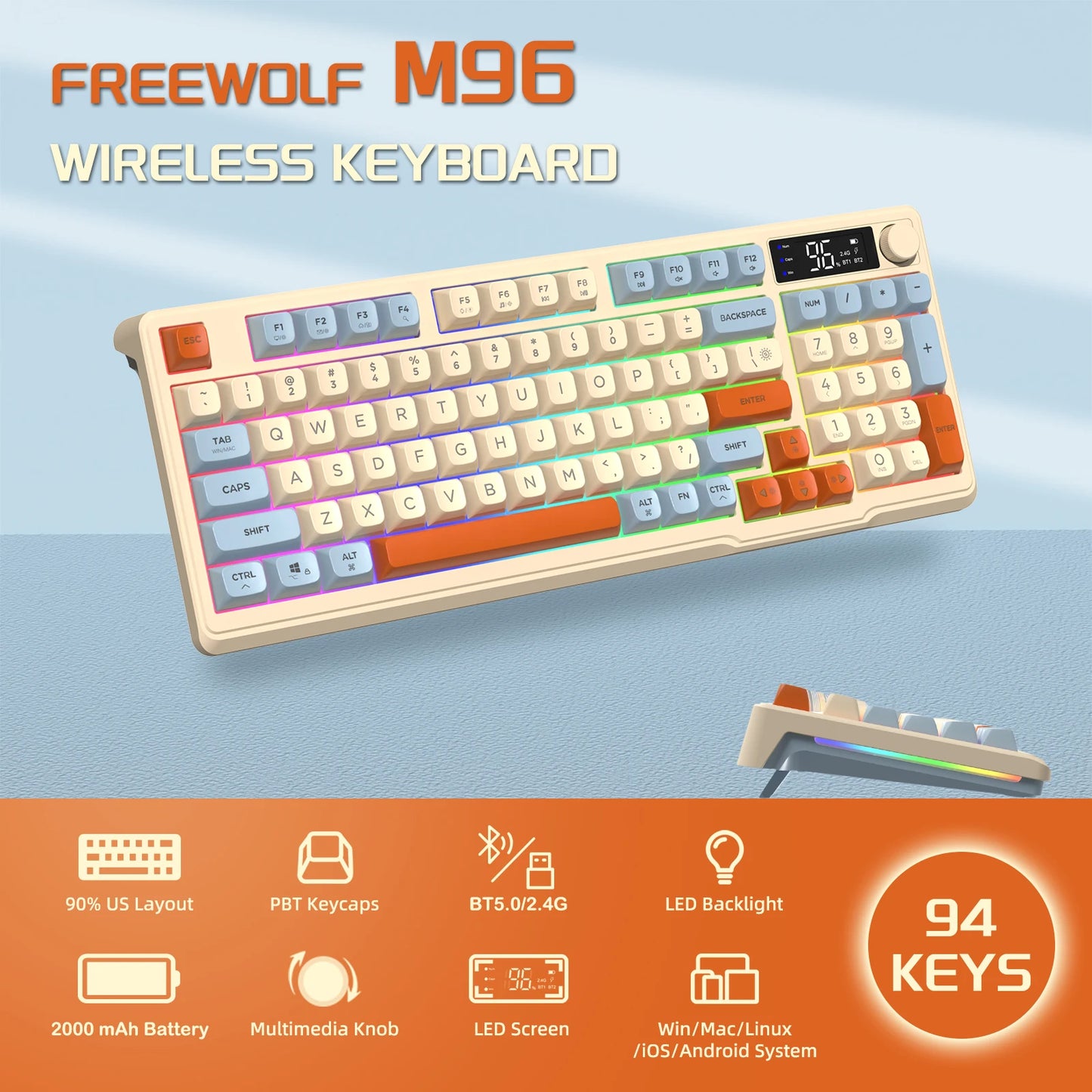 ZIYOU LANG Wireless Gaming Keyboard – Display Screen, Knob, BT/2.4GHz, Quiet Membrane, 3000mAh