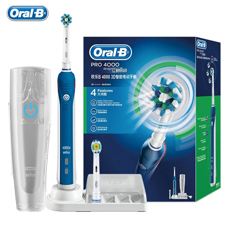 Oral-B Pro 4000 Electric Toothbrush – 3D Action, Pressure Sensor, 4 Modes, Gum Care, Waterproof