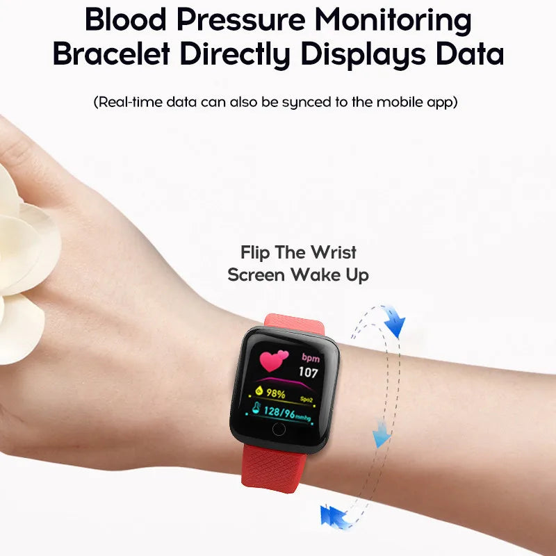R.E.D. 116Plus Smart Watch with fitness tracker, heart rate monitor, sleep tracking, black display, and adjustable band.