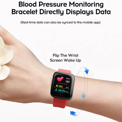 R.E.D. 116Plus Smart Watch with fitness tracker, heart rate monitor, sleep tracking, black display, and adjustable band.