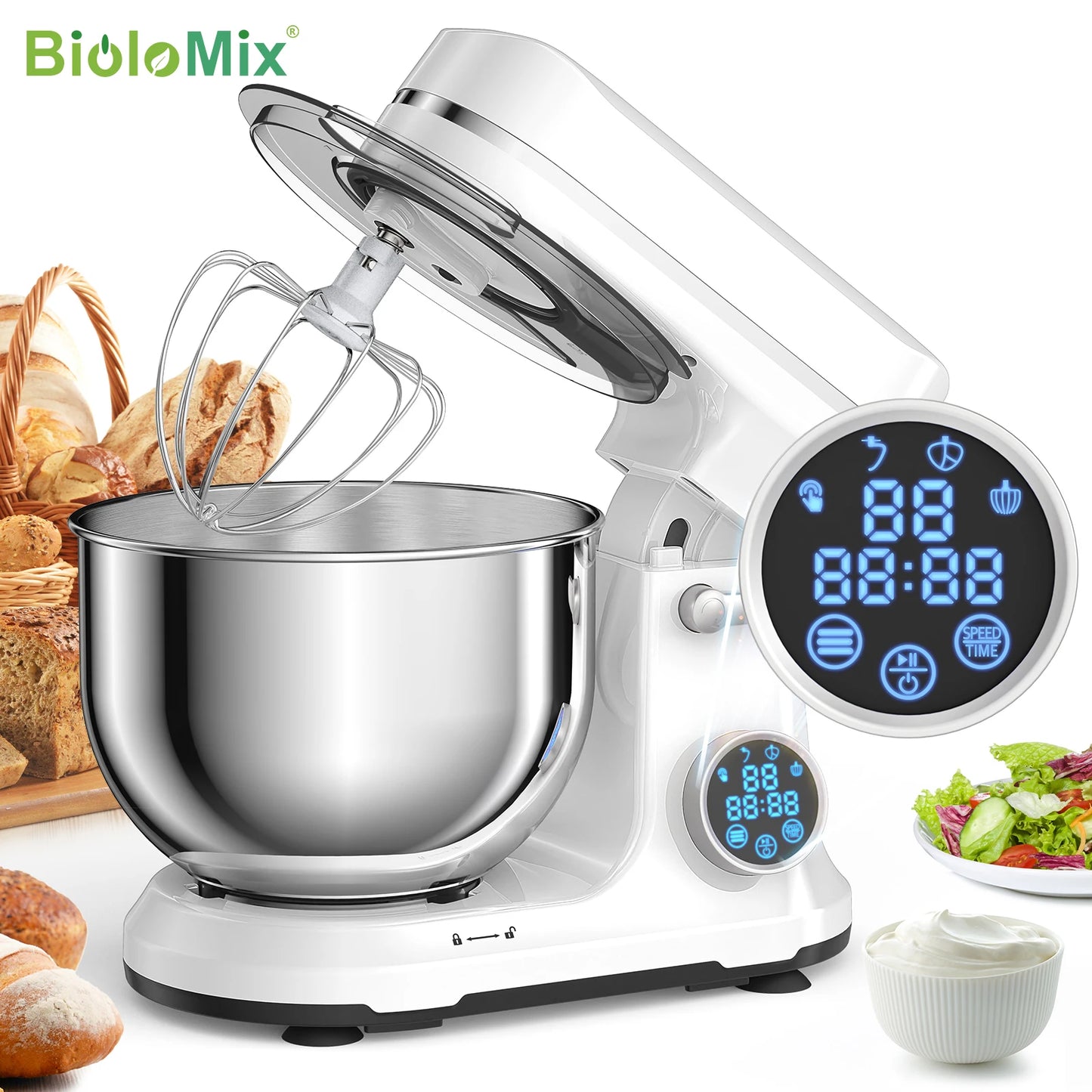 BioloMix BM602E 1200W Stand Mixer – OLED Screen, 11-Speed DC Motor, 5L Bowl
