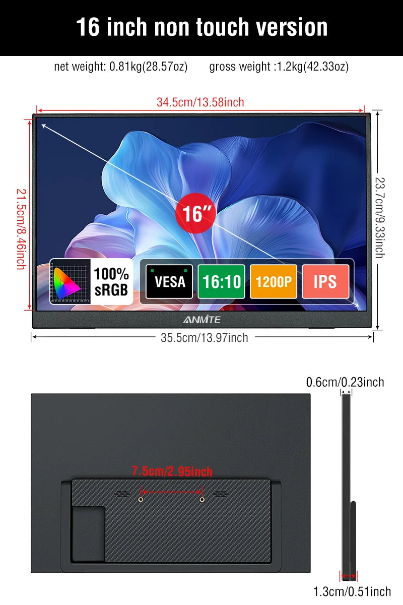 Anmite Portable Monitor 14"/16" – 1920x1200 IPS HDR10, Touch Screen, for Xbox/PS4/PS5/Switch/PC/Laptop