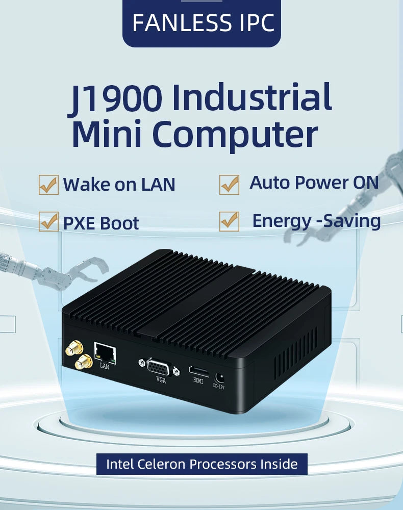 XCY Fanless Mini PC – Intel Celeron J1900, Quad-Core, Gigabit Ethernet, HDMI, VGA, WiFi, Windows/Linux