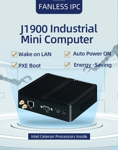XCY Fanless Mini PC – Intel Celeron J1900, Quad-Core, Gigabit Ethernet, HDMI, VGA, WiFi, Windows/Linux