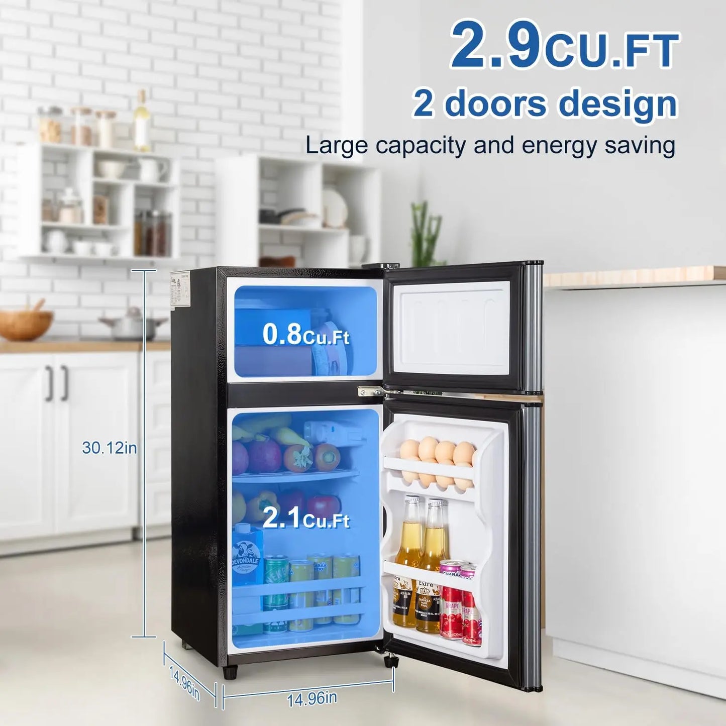 Mini Fridge with Freezer 2.9 Cu.Ft | Double Door, Energy Saving, Low Noise