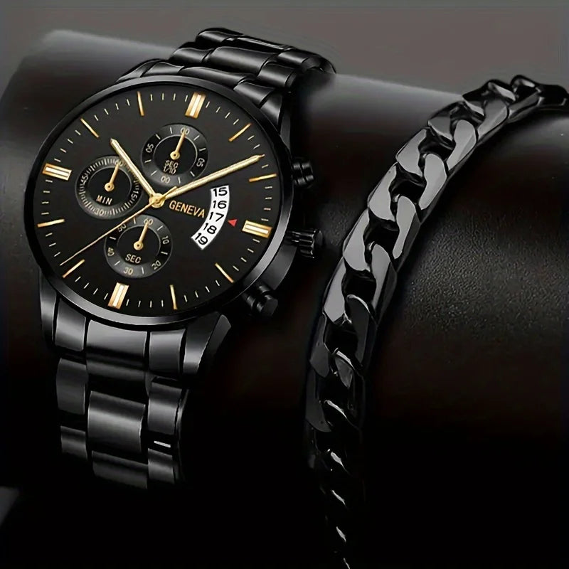 Men’s luxury stainless steel quartz wristwatch with calendar feature, stylish business accessory by R.E.D. Shopping.