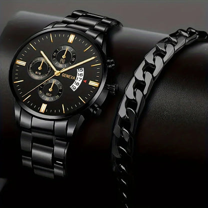 Men’s luxury stainless steel quartz wristwatch with calendar feature, stylish business accessory by R.E.D. Shopping.