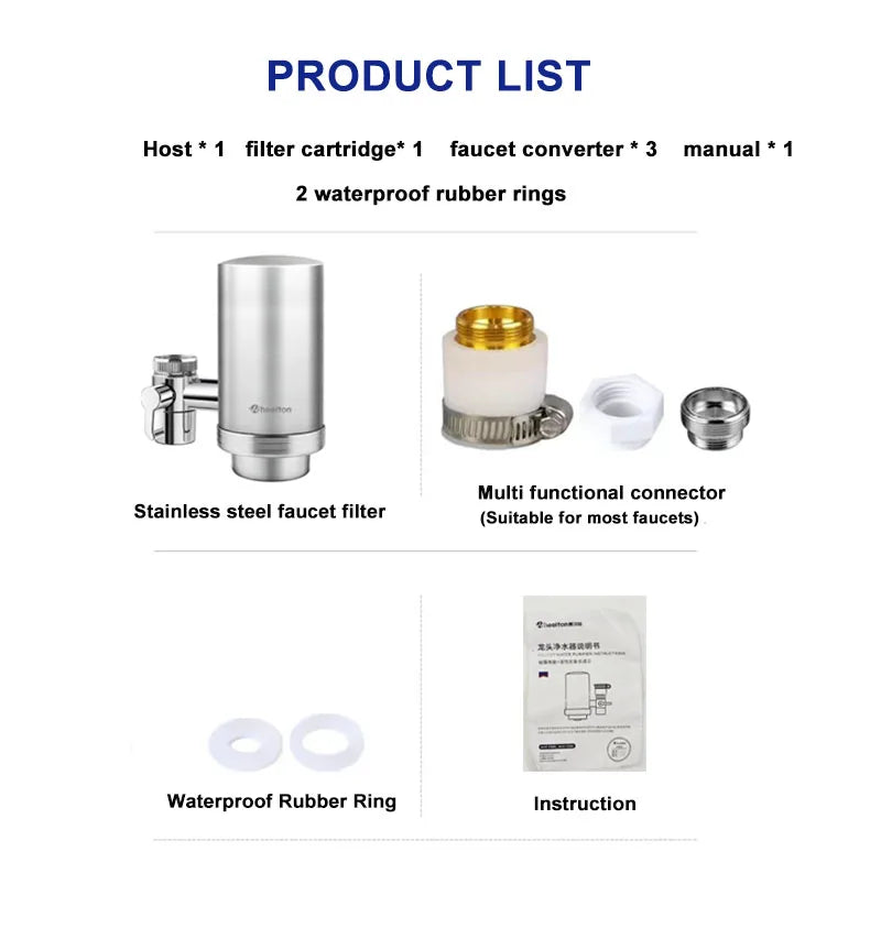 Wheelton Stainless Steel Faucet Water Filter – Activated Carbon Ceramic Purifier