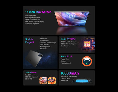 Teclast T65 Max – 13" FHD 4G LTE Tablet, MediaTek G99, 8GB+256GB, 10000mAh, Android 14, Widevine L1