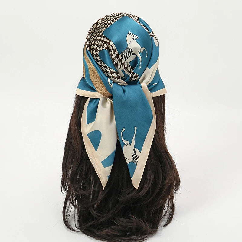 Square silk scarf by R.E.D. Shopping, styled as a women's hairband and neck shawl, featuring vibrant patterns and smooth fabric.