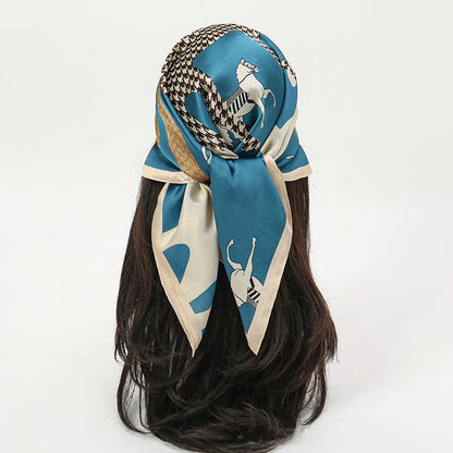 Square silk scarf by R.E.D. Shopping, styled as a women's hairband and neck shawl, featuring vibrant patterns and smooth fabric.