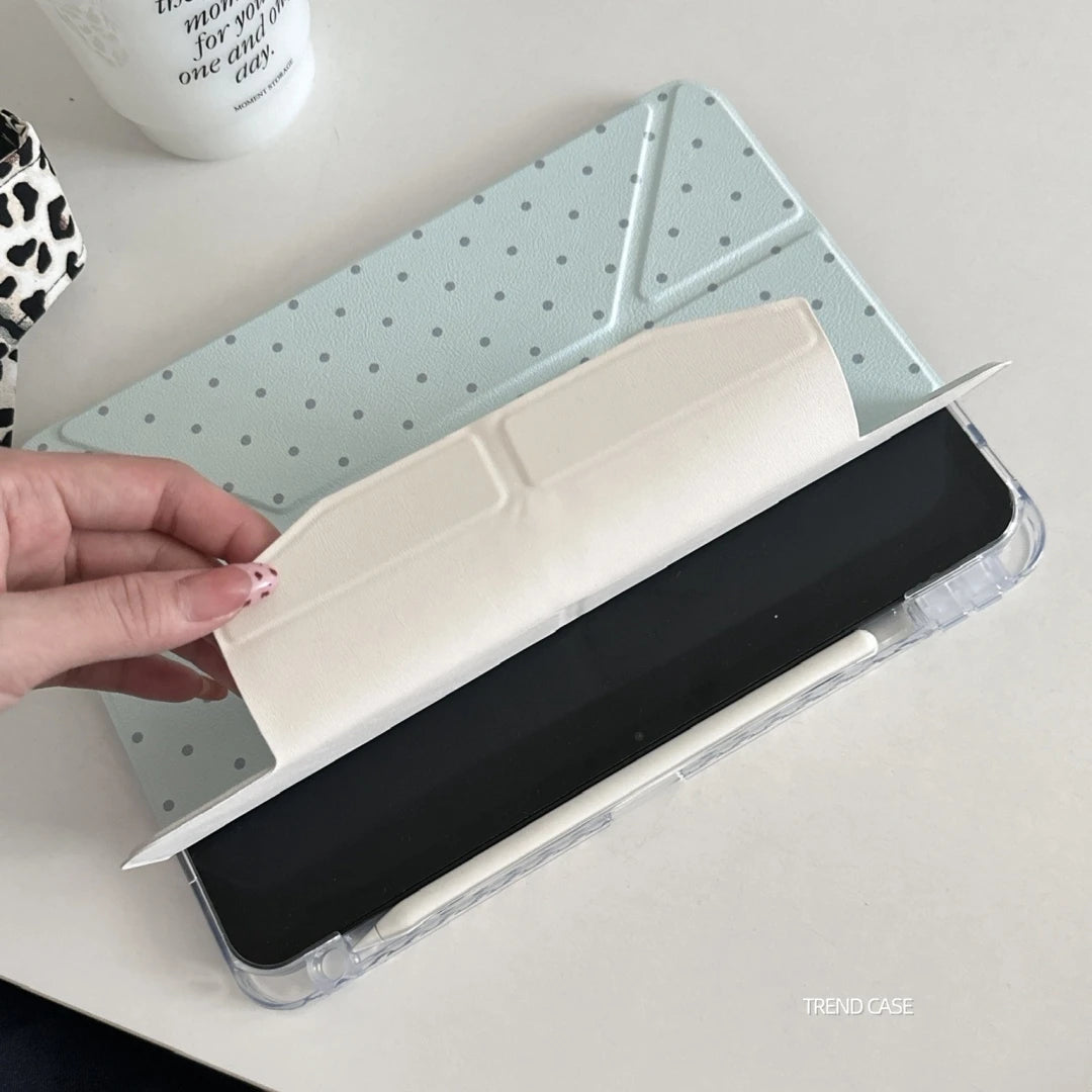 Polka dots iPad case with pencil holder for iPad Air, Pro, 9th-11th Gen, featuring a stylish design and functional storage.