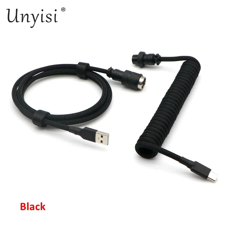 Handmade paracord and PET coiled USB-A to USB-C cable with GX16 aviator connector for mechanical keyboards, featuring colorful woven design.