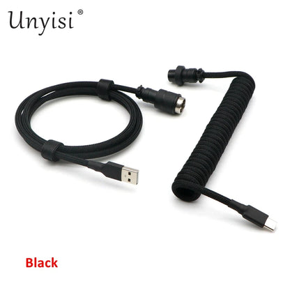Handmade paracord and PET coiled USB-A to USB-C cable with GX16 aviator connector for mechanical keyboards, featuring colorful woven design.