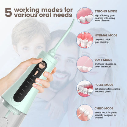 Oral Irrigator Water Dental Flosser – 350ml, 5 Modes, IPX7, 6 Nozzles, Rechargeable