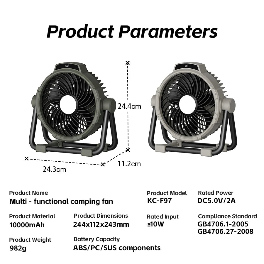 Portable 6-in-1 Outdoor Camping Fan | 10000mAh | 5 Speeds | LED Light | Hook & Remote | Rechargeable