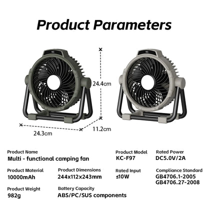 Kinscoter 6-in-1 Outdoor Camping Fan 10000mAh | 5 Speeds | Remote | LED Light | CE