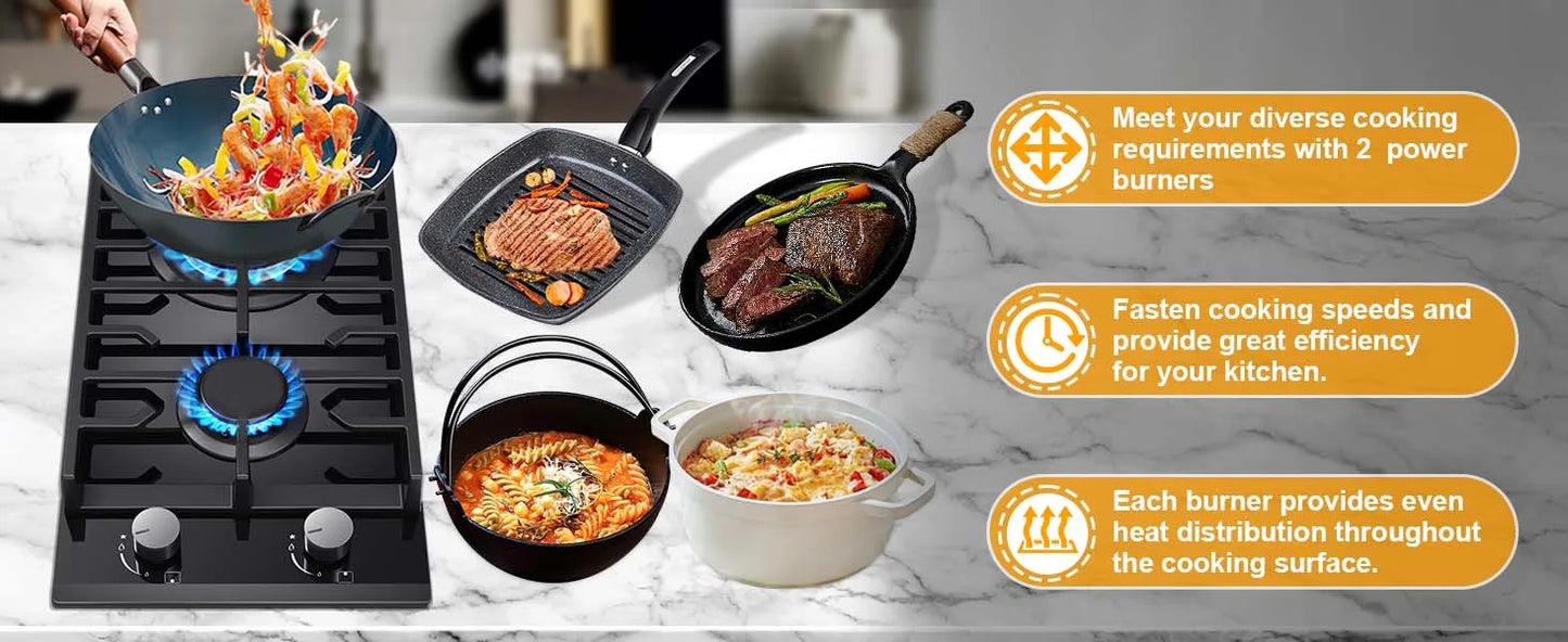 TopStrong 2-Burner Built-In Gas Hob 30cm – Tempered Glass, NG/LPG Dual Fuel (UKGCT-B02)