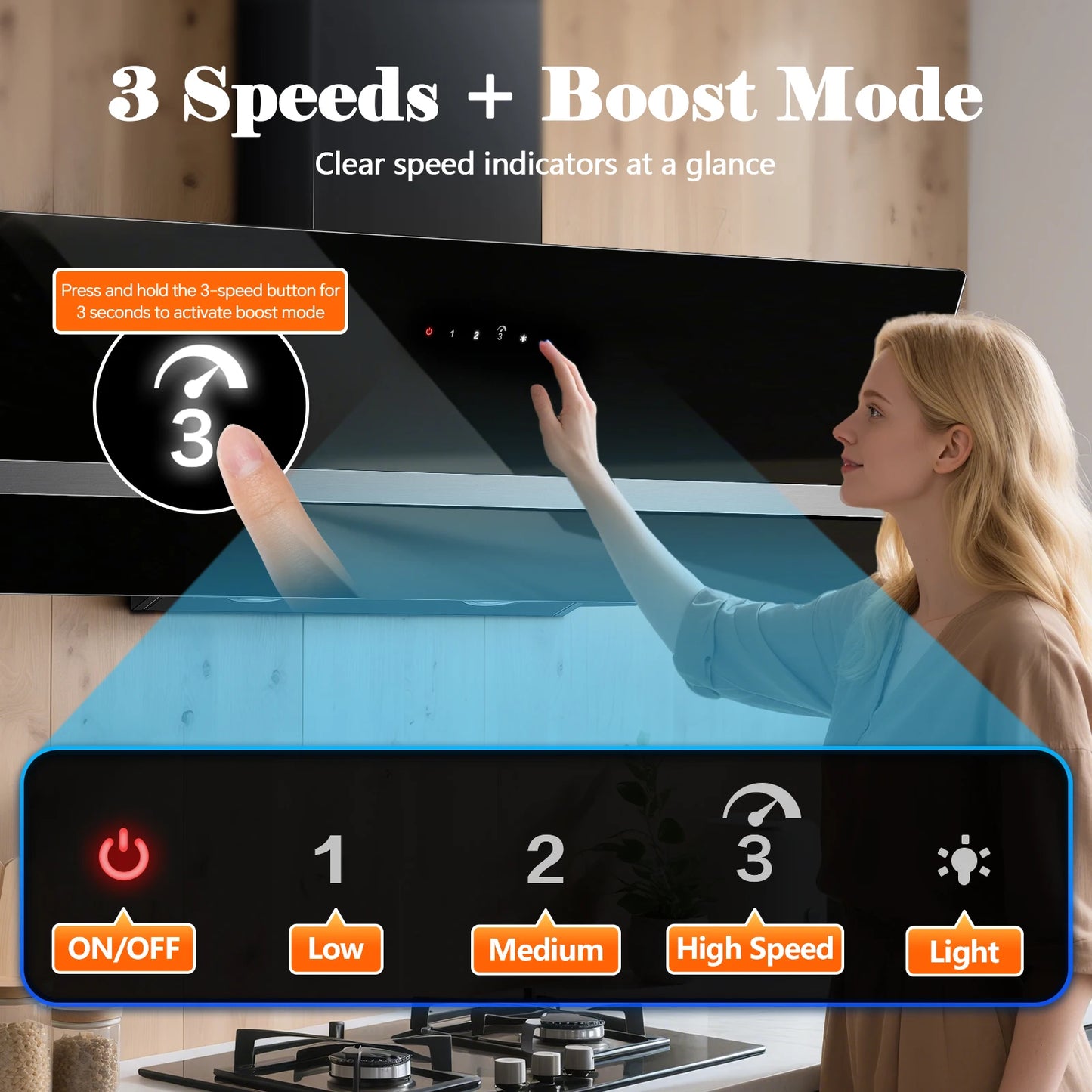 90cm Wall-Mounted Range Hood – A+++ Energy Class, 400m³/h, Touch Control, LED, Black Stainless Steel/Glass, 58dB