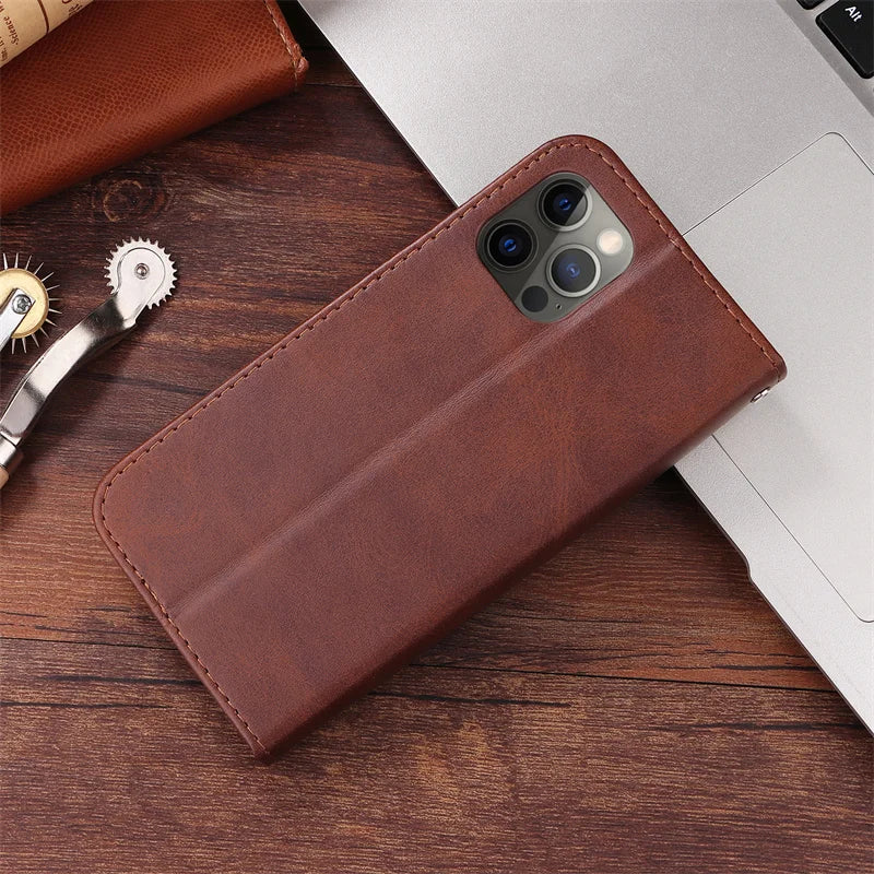 R.E.D. Shopping iPhone 16 Plus leather zipper wallet case with card slots and magnetic stand, black leather cover with textured design.