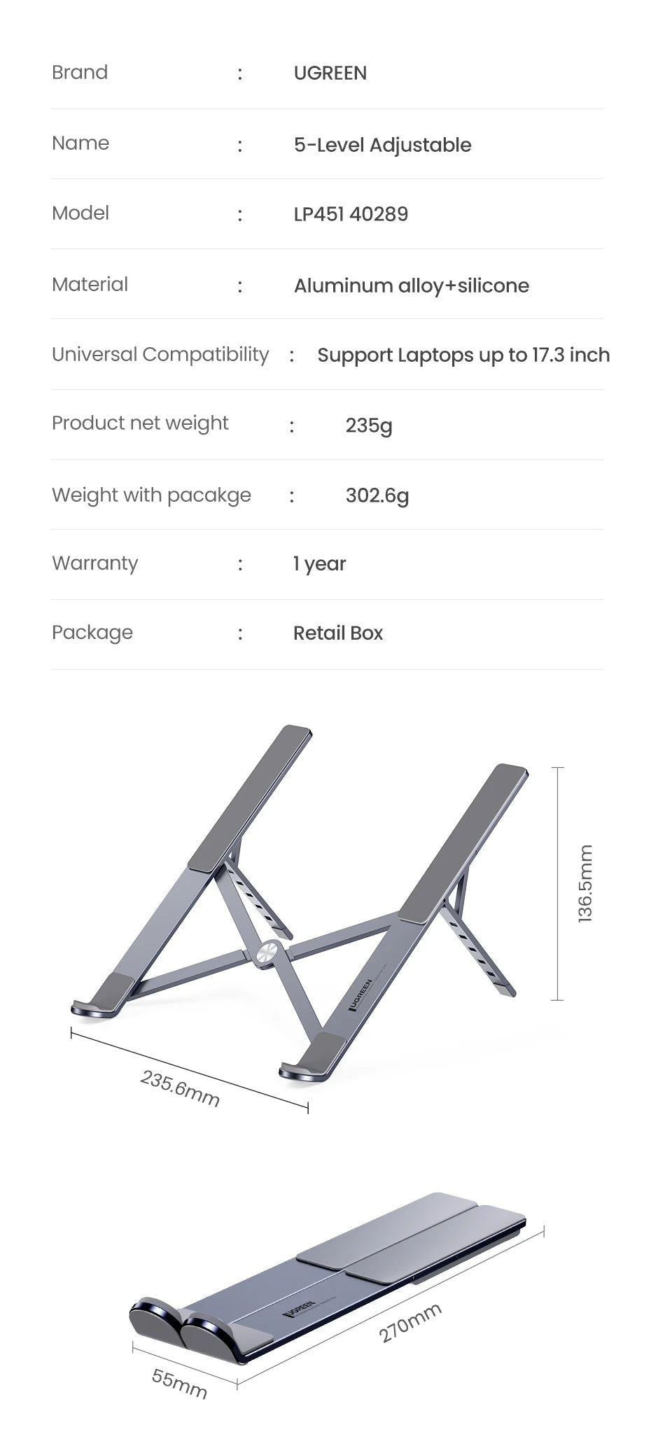 UGREEN Foldable Aluminum Laptop Stand – MacBook, Tablet & Phone