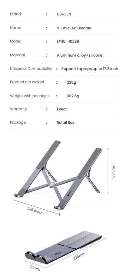 UGREEN Foldable Aluminum Laptop Stand – Adjustable Holder for MacBook, Tablet & Notebook