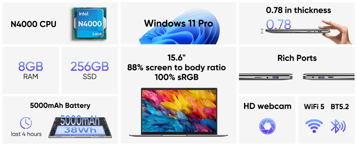 Z ZENAERO 15.6" Slim Laptop – Intel Celeron N4000, 8GB DDR3, 256GB SSD, FHD, Windows 11