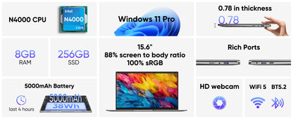 Z ZENAERO 15.6" Slim Laptop – Intel Celeron N4000, 8GB DDR3, 256GB SSD, FHD, Windows 11