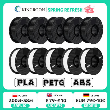 KINGROON 3D Printer Filament – 10KG Bulk, 1.75mm PLA / ABS / PETG, 10 Rolls, Black / White / Gray