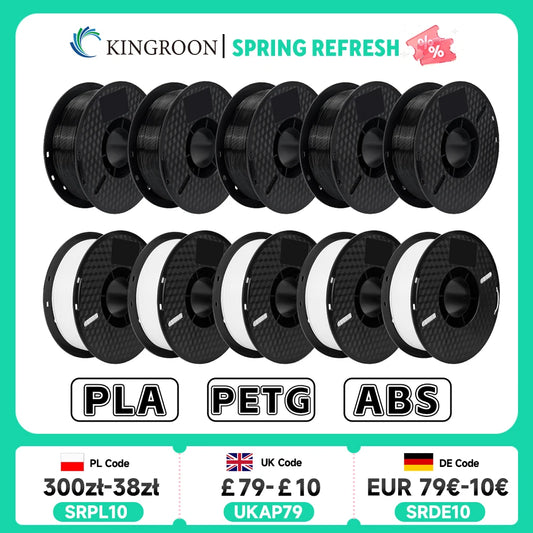 KINGROON 3D Printer Filament – 10KG Bulk, 1.75mm PLA / ABS / PETG, 10 Rolls, Black / White / Gray